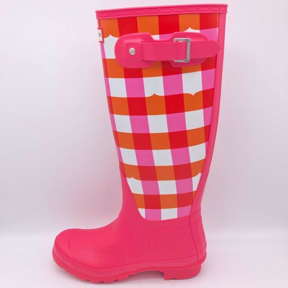 Hunter Pink and Orange Checkered Rain Boots